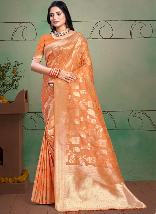 Cotton Silk Orange Traditional Wear Weaving Saree